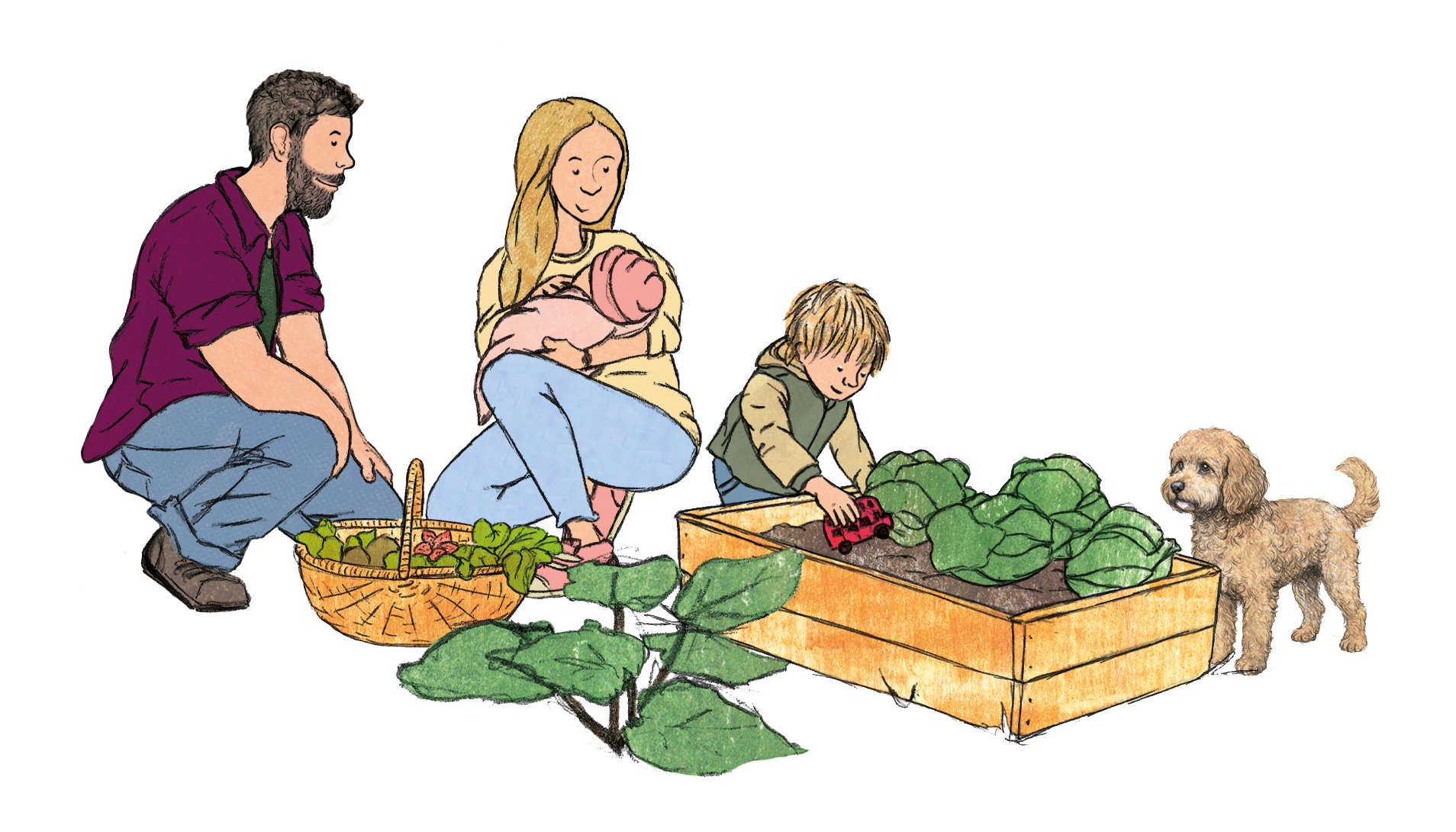 Illustration of Sam, Kira holding baby Emma, Leo playing in the garden, and Hugo the dog