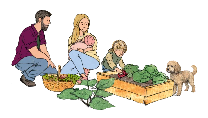 Kira holding baby Emma, Sam and Leo at the vegetable patch, with Hugo the dog